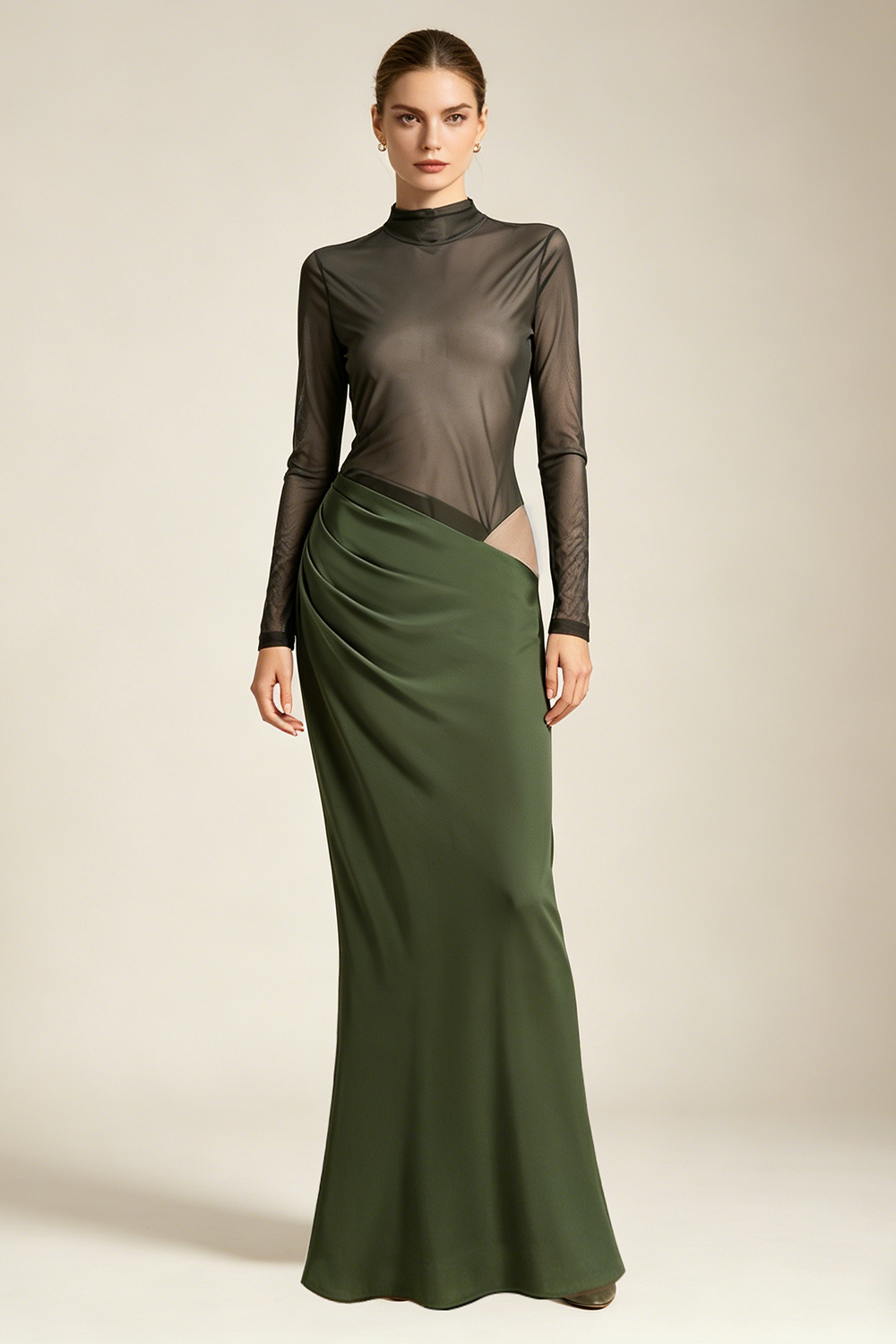 Turtleneck Cut-Out Drape Maxi Dress in Olive