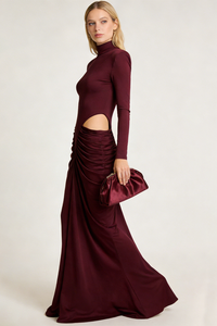 Turtleneck Long Sleeve Cutout Dress in Burgundy