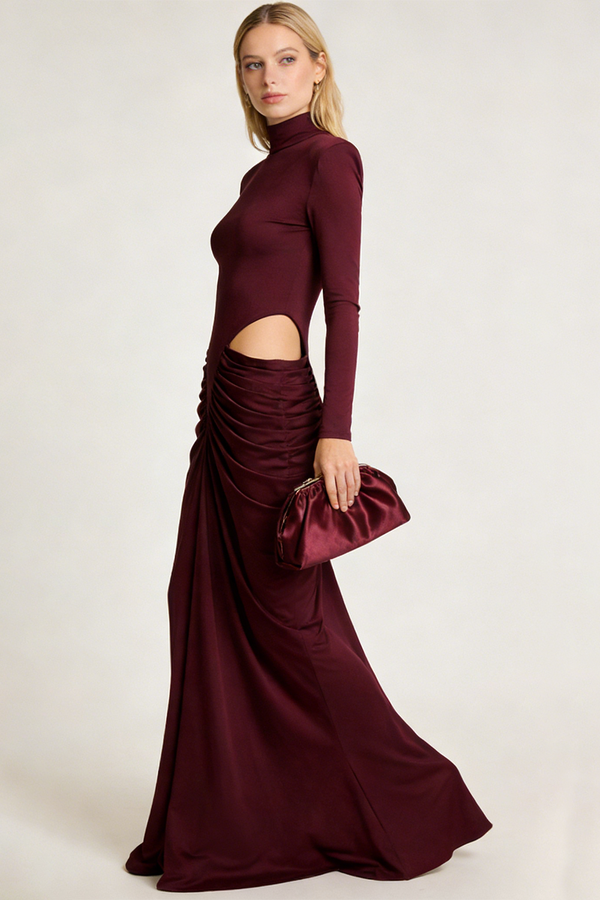 Turtleneck Long Sleeve Cutout Dress in Burgundy