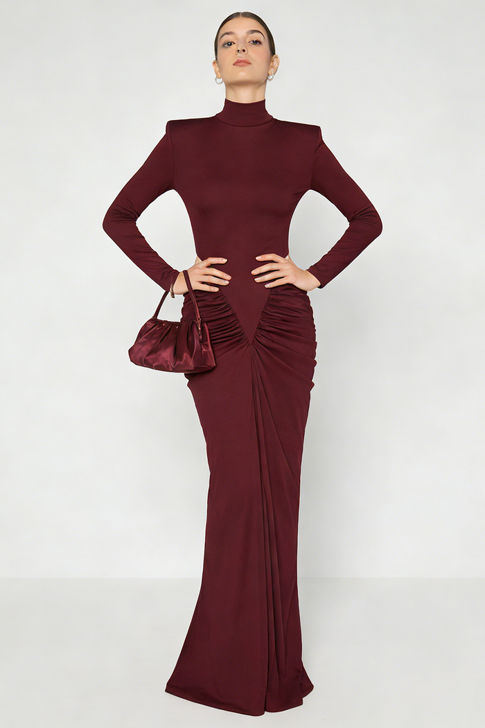 Turtleneck Long Sleeve Cutout Dress in Burgundy