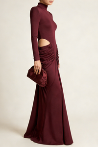 Turtleneck Long Sleeve Cutout Dress in Burgundy