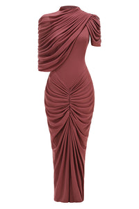 Turtleneck Asymmetrical Pleated Maxi Dress