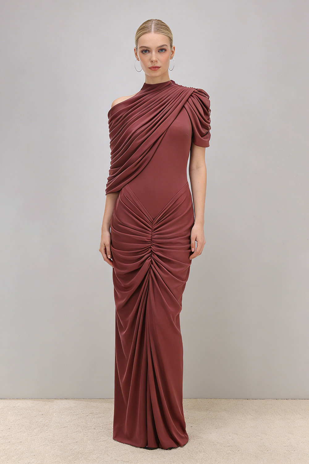 Turtleneck Asymmetrical Pleated Maxi Dress