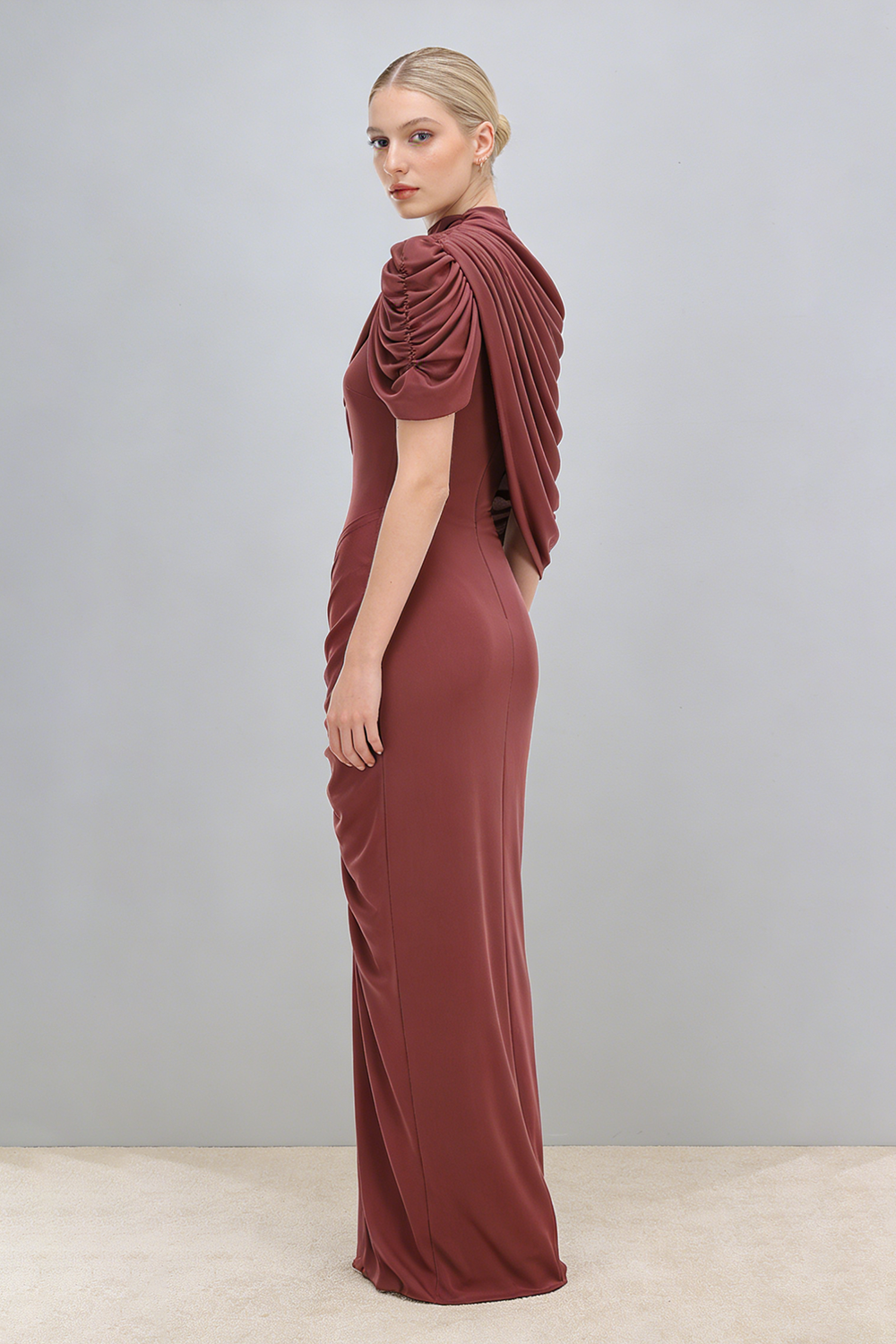 Turtleneck Asymmetrical Pleated Maxi Dress