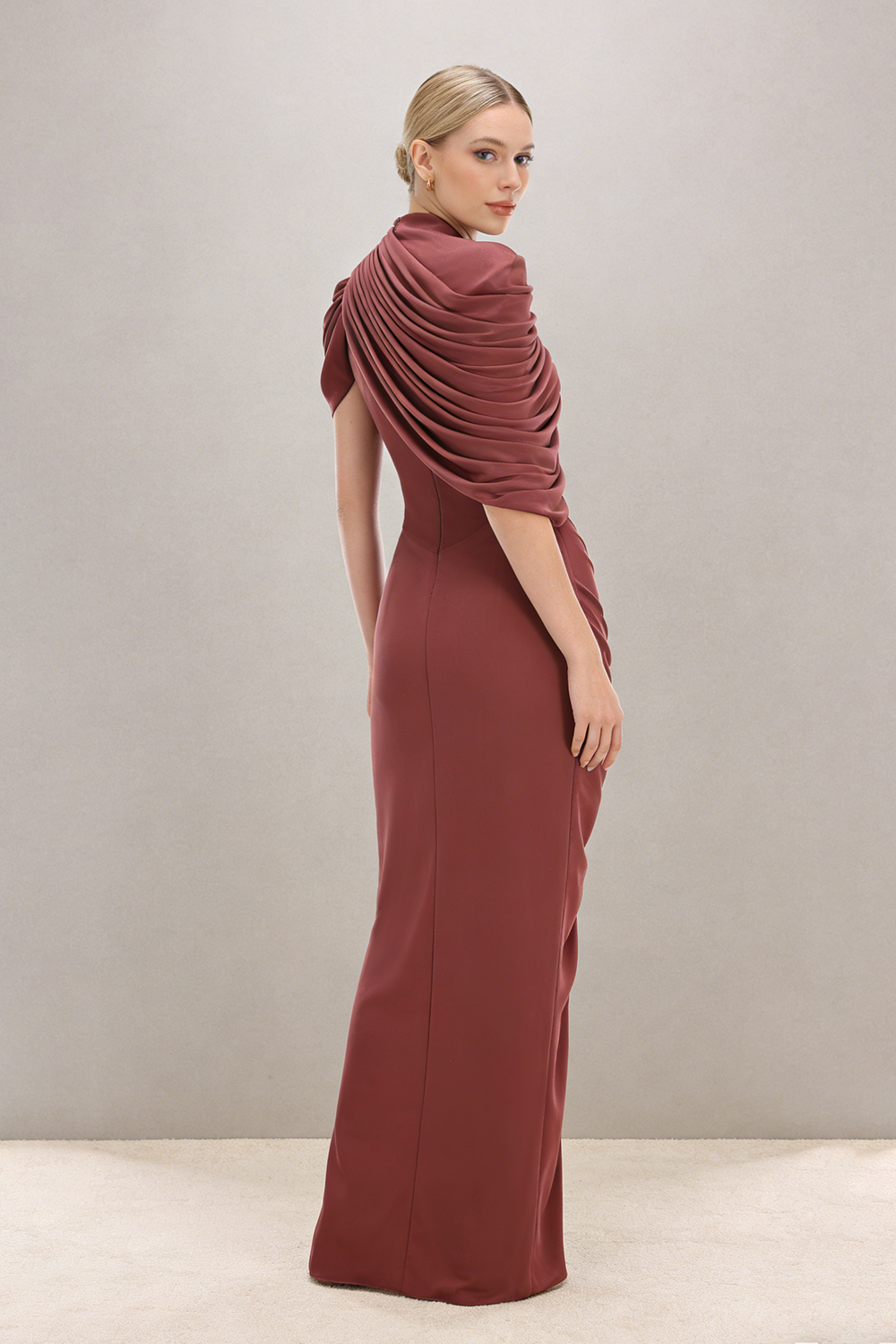 Turtleneck Asymmetrical Pleated Maxi Dress
