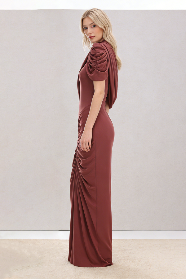 Turtleneck Asymmetrical Pleated Maxi Dress