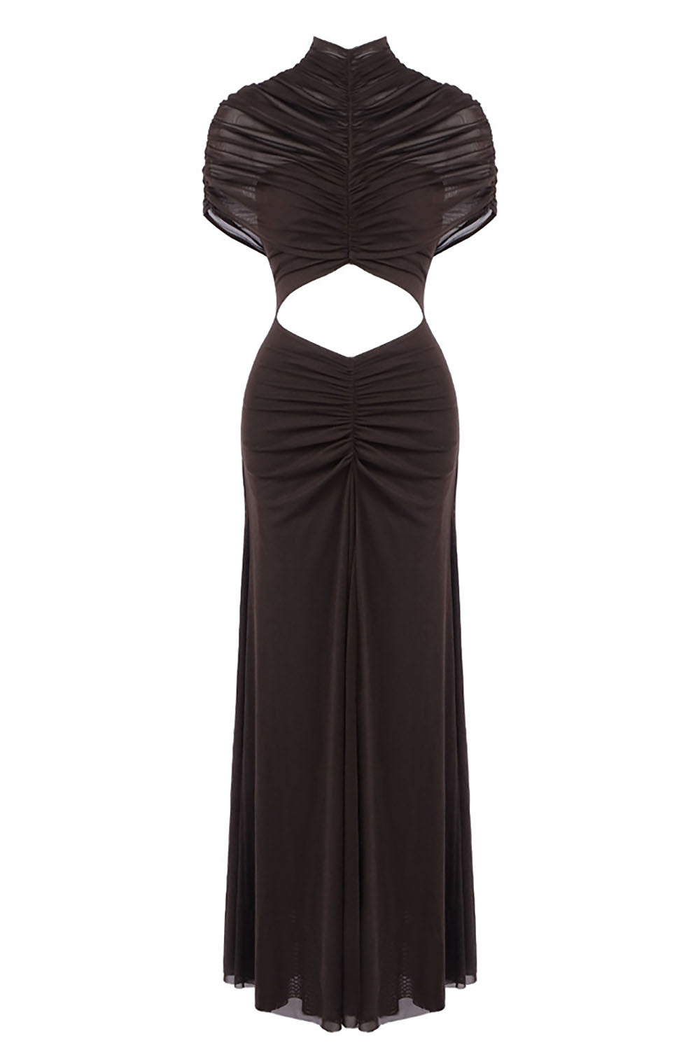 Turtleneck Cut-Out Ruched Mesh Maxi Dress