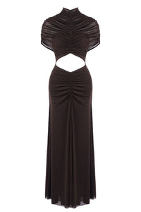 Turtleneck Cut-Out Ruched Mesh Maxi Dress