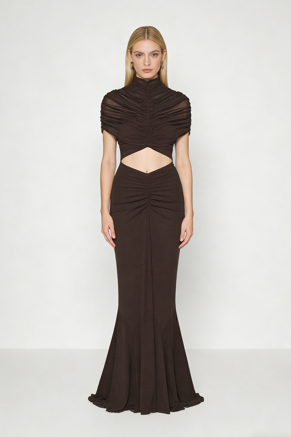 Turtleneck Cut-Out Ruched Mesh Maxi Dress