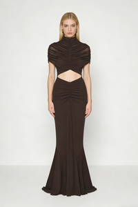 Turtleneck Cut-Out Ruched Mesh Maxi Dress