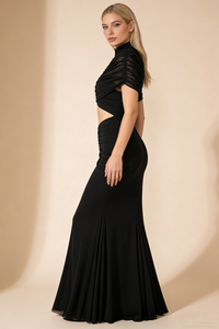 Turtleneck Cut-Out Ruched Mesh Maxi Dress