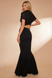 Turtleneck Cut-Out Ruched Mesh Maxi Dress