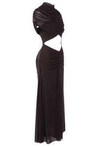 Turtleneck Cut-Out Ruched Mesh Maxi Dress