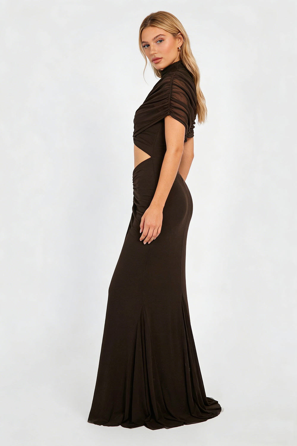 Turtleneck Cut-Out Ruched Mesh Maxi Dress