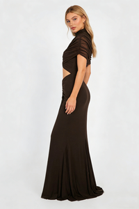 Turtleneck Cut-Out Ruched Mesh Maxi Dress