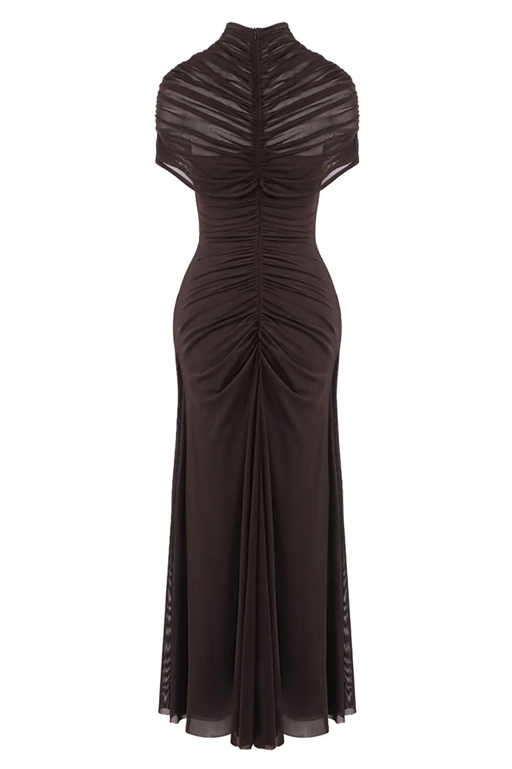 Turtleneck Cut-Out Ruched Mesh Maxi Dress