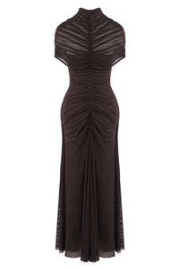 Turtleneck Cut-Out Ruched Mesh Maxi Dress