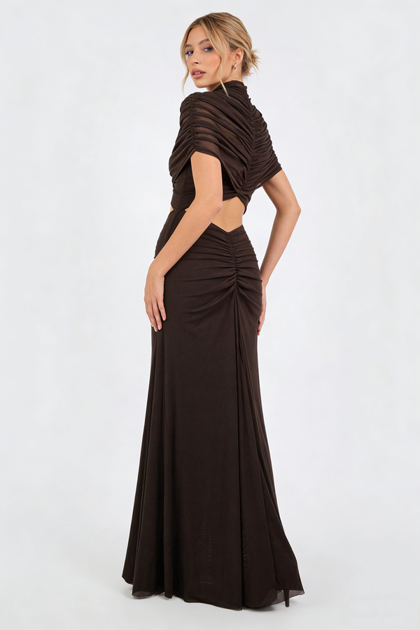 Turtleneck Cut-Out Ruched Mesh Maxi Dress