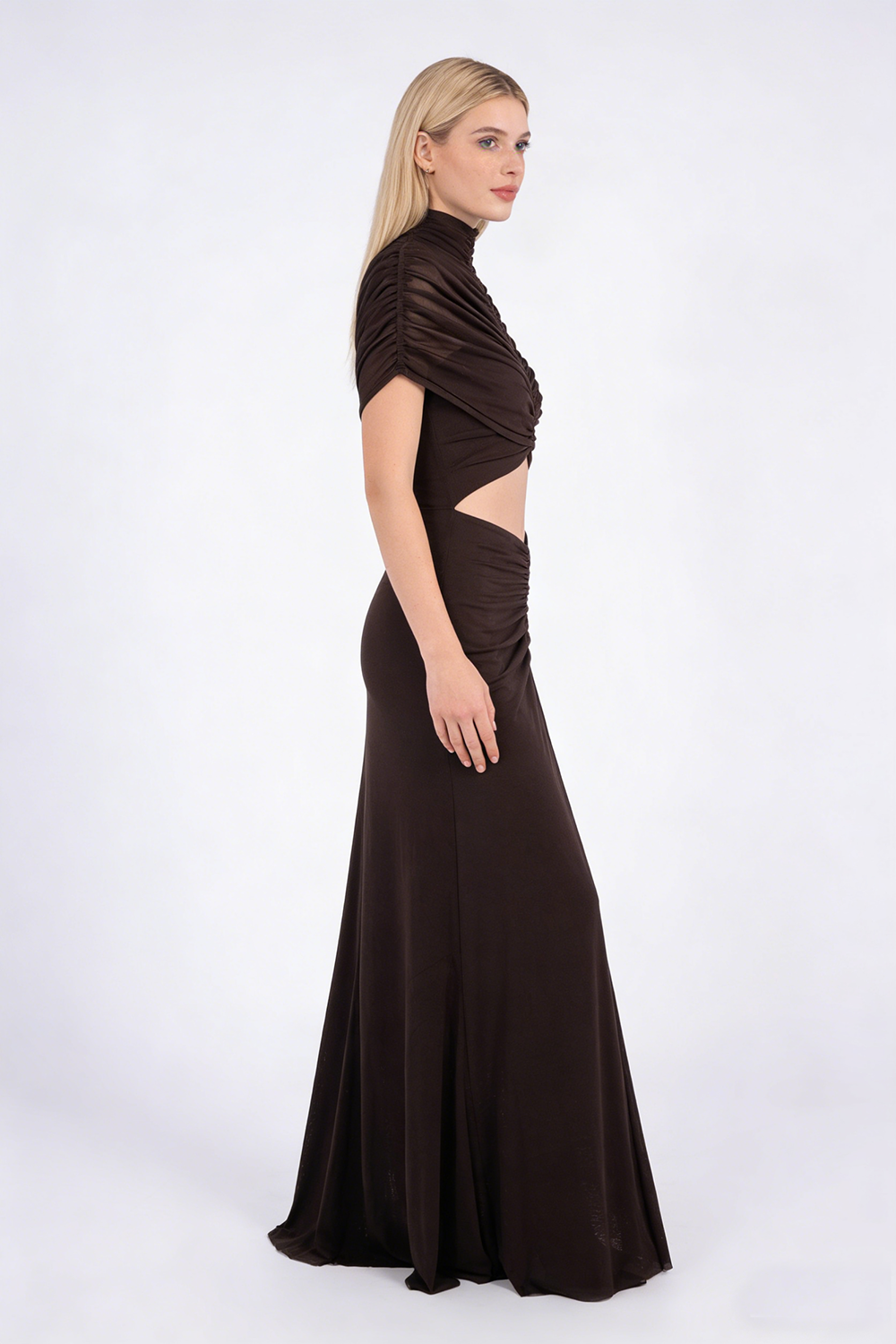 Turtleneck Cut-Out Ruched Mesh Maxi Dress