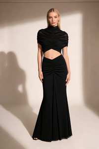 Turtleneck Cut-Out Ruched Mesh Maxi Dress