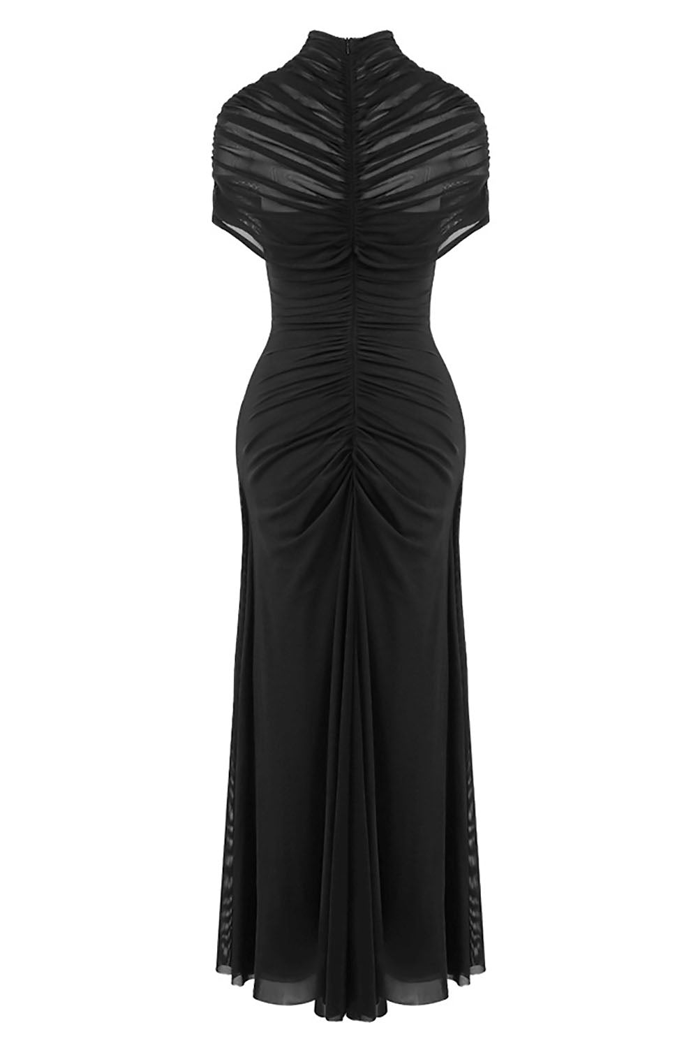 Turtleneck Cut-Out Ruched Mesh Maxi Dress