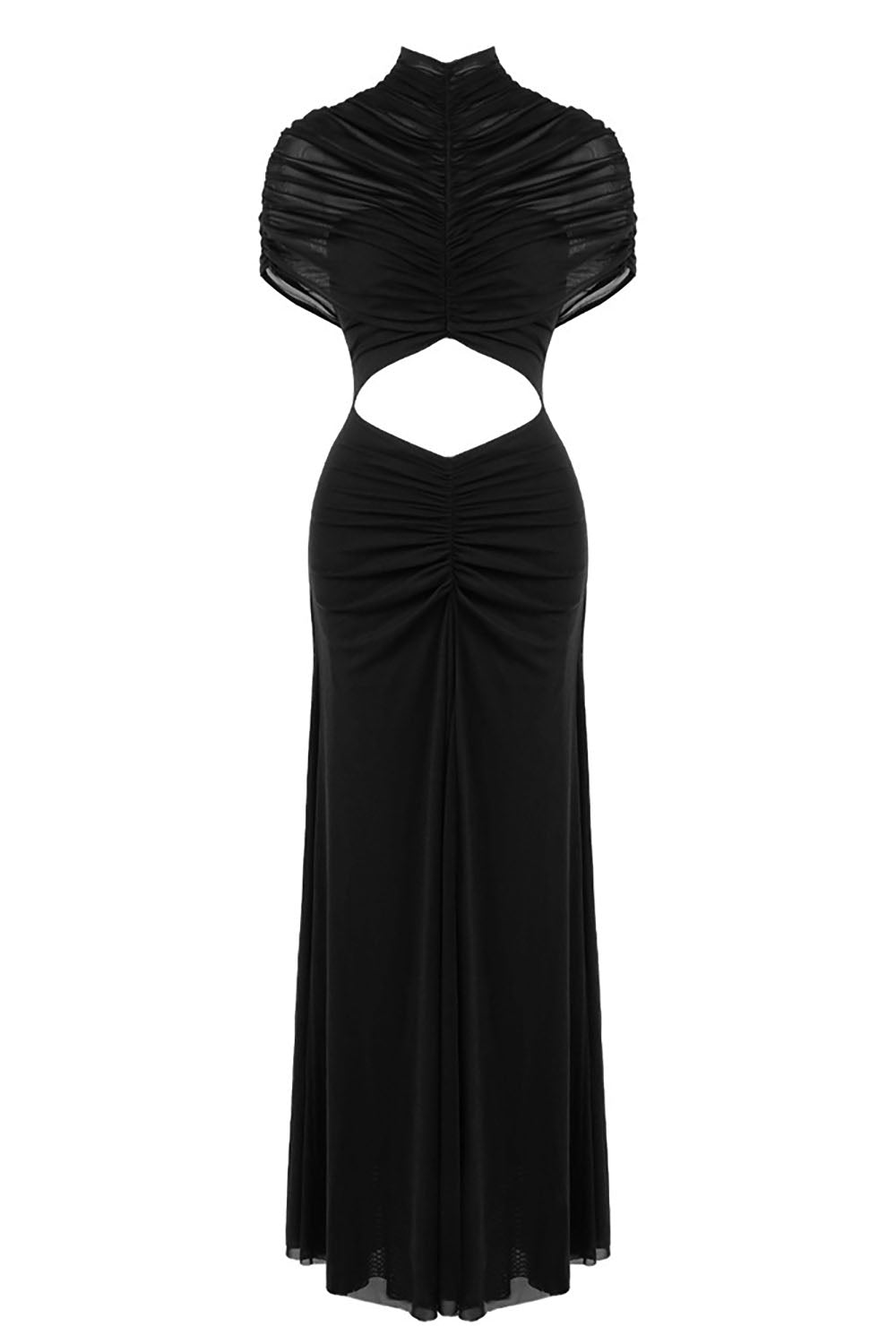 Turtleneck Cut-Out Ruched Mesh Maxi Dress