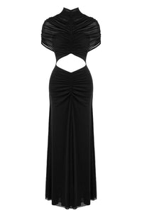 Turtleneck Cut-Out Ruched Mesh Maxi Dress