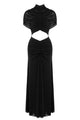 Turtleneck Cut-Out Ruched Mesh Maxi Dress