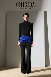 Turtleneck long-sleeve Sweater Draped Rosette Bootcut Pants