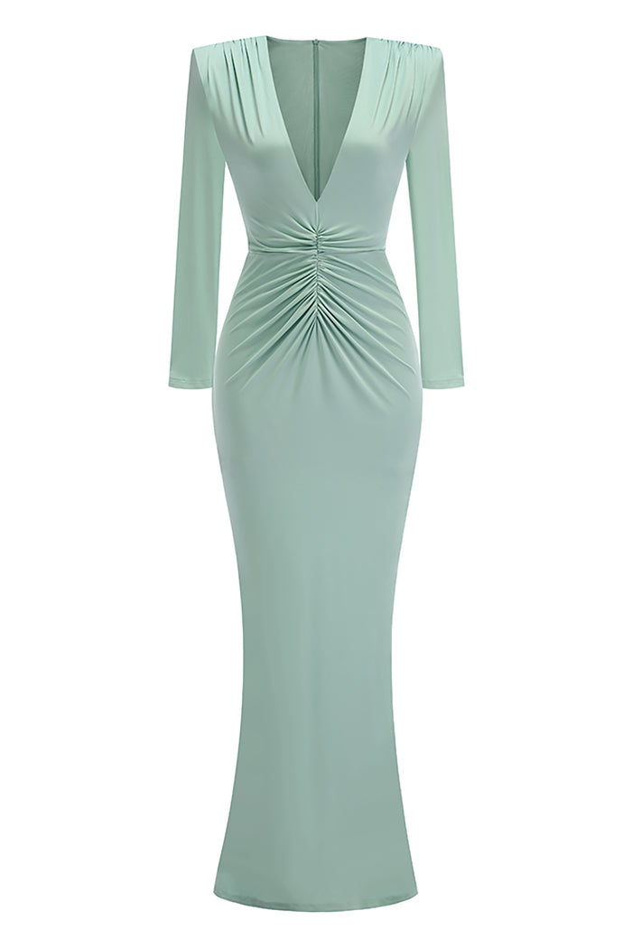 V-Neck Long Sleeve Maxi Dress in Green CHICIDA V-Neck Long Sleeve Maxi Dress in Green CHICIDA