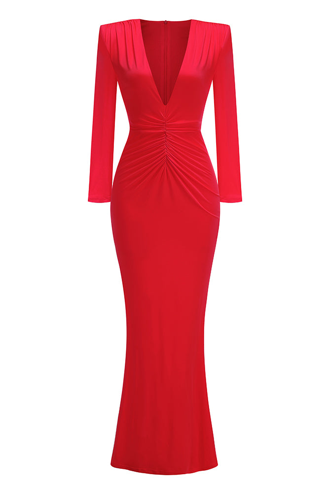 V-Neck Long Sleeve Maxi Dress in Red