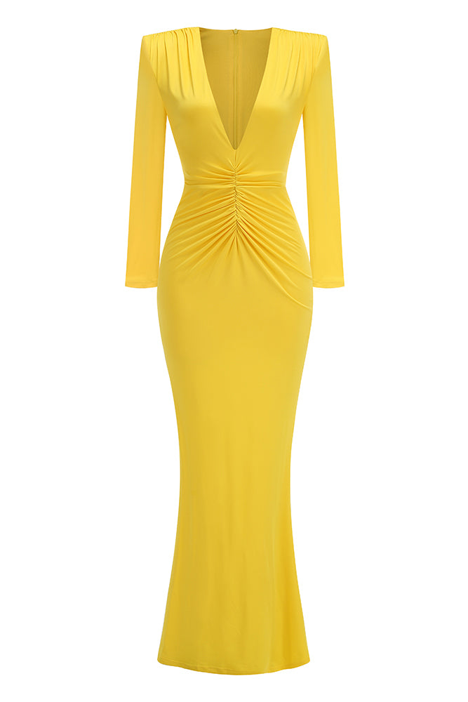 V-Neck Long Sleeve Maxi Dress in Yellow