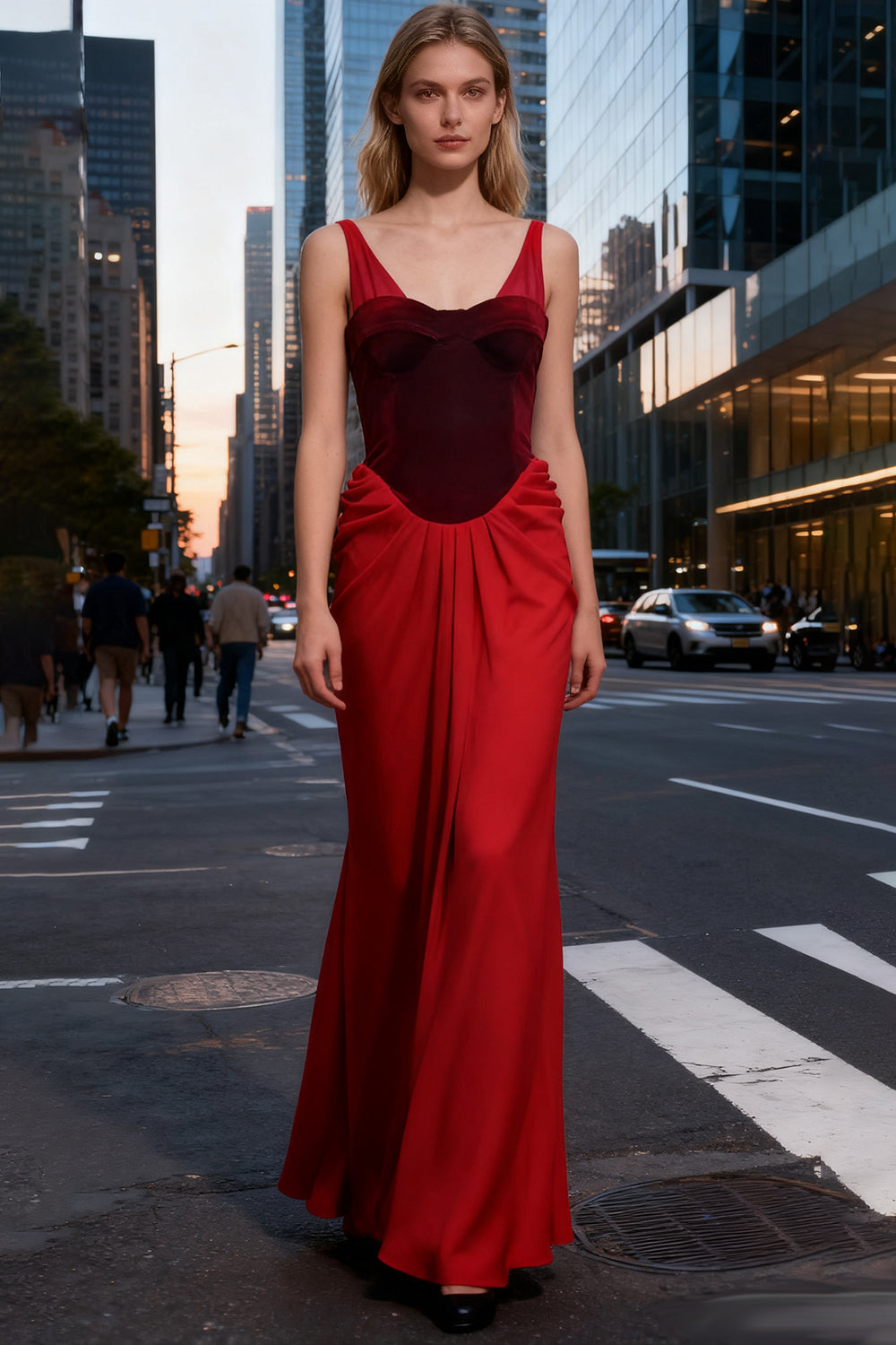 V-neck Ruched Flared Gown