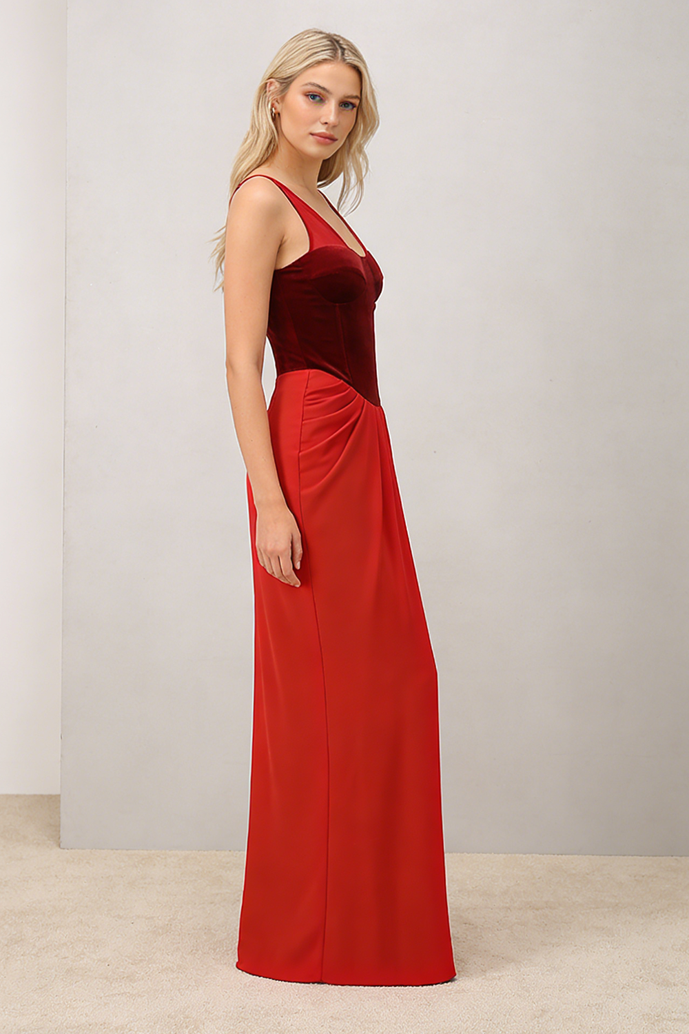 V-neck Ruched Flared Gown