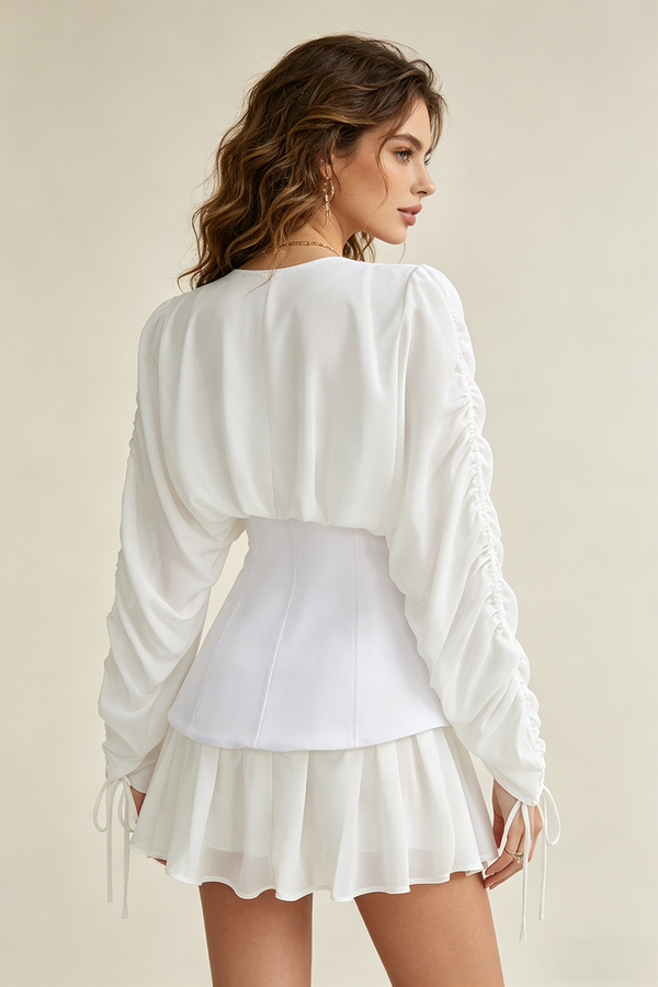 V Neck Corset Mesh Mini Dress in White