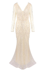 V Neck Crystal Pearl Embellished Gown