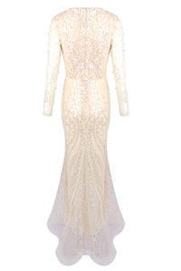 V Neck Crystal Pearl Embellished Gown