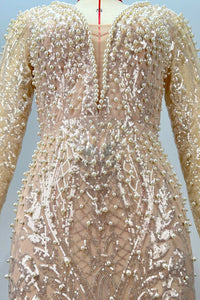 V Neck Crystal Pearl Embellished Gown