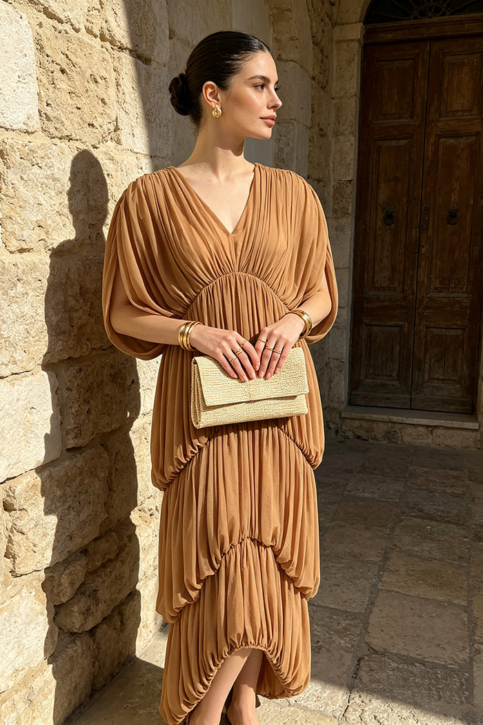 V Neck Draped Maxi Dress in Nude