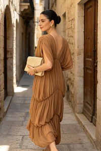 V Neck Draped Maxi Dress in Nude