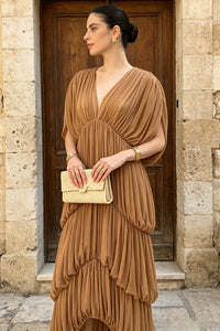 V Neck Draped Maxi Dress in Nude