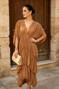 V Neck Draped Maxi Dress in Nude