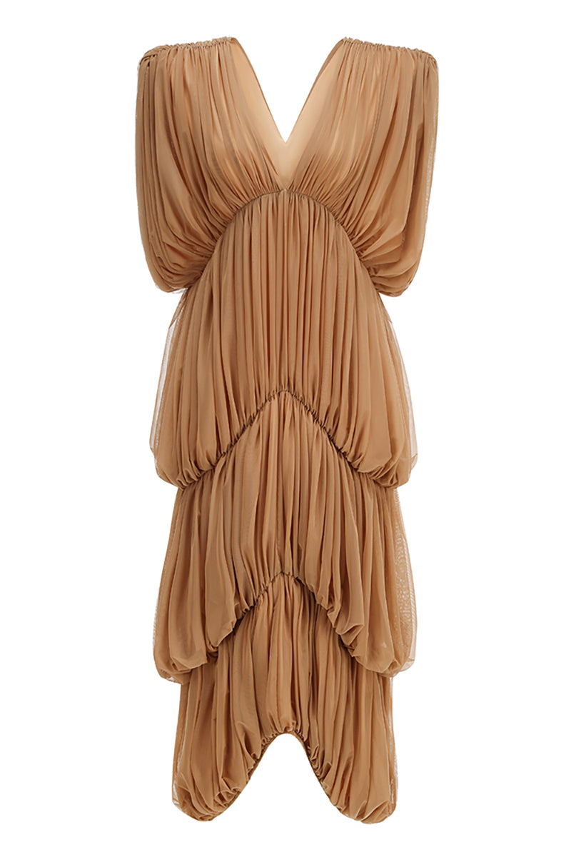 V Neck Draped Maxi Dress in Nude