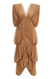 V Neck Draped Maxi Dress in Nude