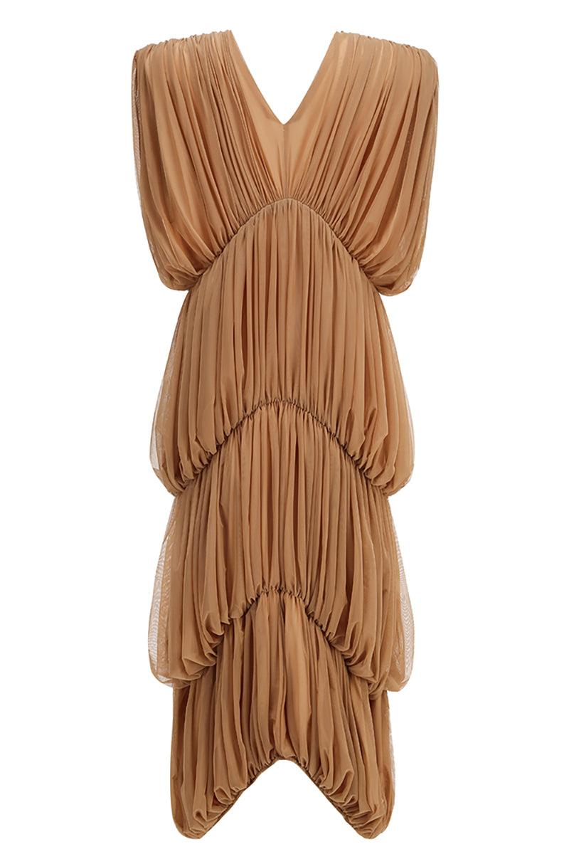 V Neck Draped Maxi Dress in Nude