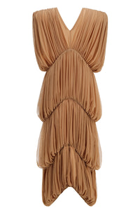 V Neck Draped Maxi Dress in Nude