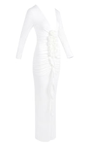 V Neck Flower Ruched Long Dress