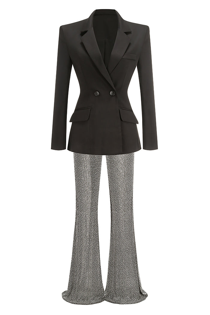 V Neck Long Sleeve Blazer & Crystal Embellished Flare Trousers