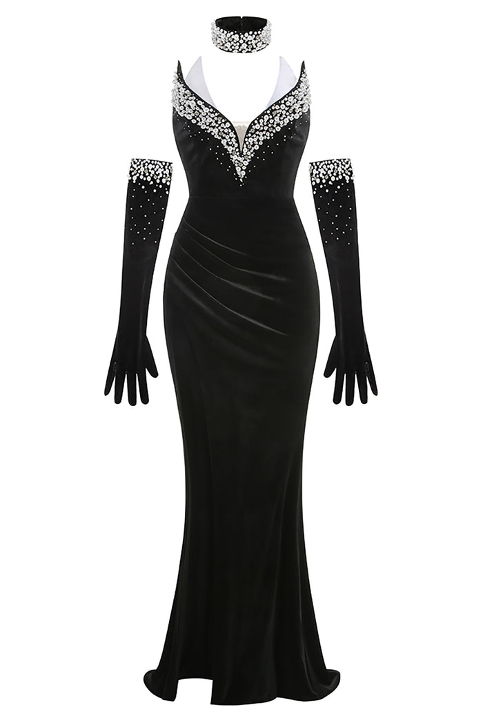 Velvet Pearl Evening Dress With Gloves