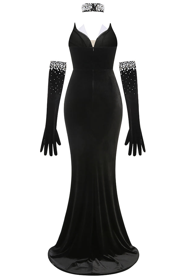 Velvet Pearl Evening Dress With Gloves